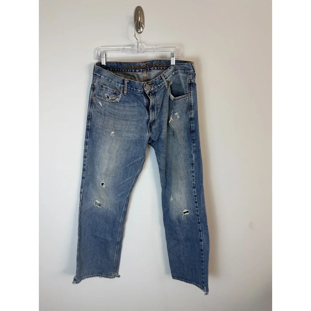 American Eagle Outfitters Men's 34x30 Blue Distressed Straight Leg Denim Jeans
